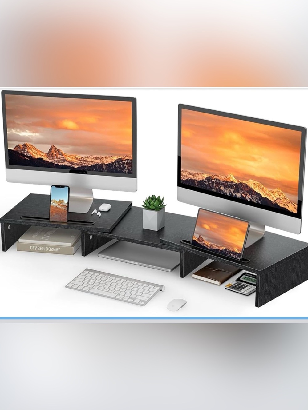 Black Wood Monitor Stand Riser with Dual Platforms